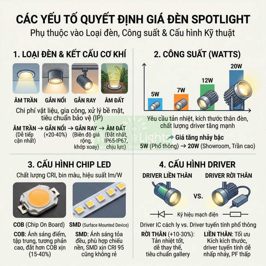 Infographic các yếu tố quyết định giá đèn spotlight LED: loại đèn, công suất, chip LED và cấu hình driver